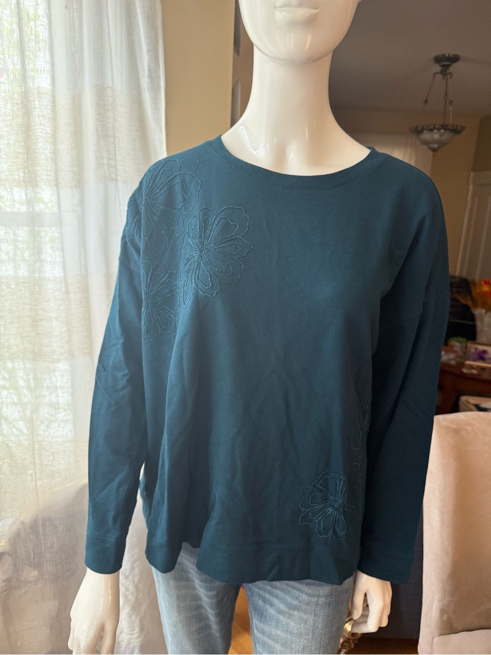 J. Jill Dark Teal Floral-Embroidered Long Sleeve Tee